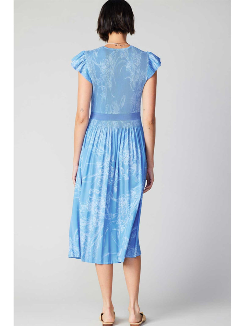 Current Air Aubrey Fluttered Sleeve Vneck Midi Dress With Pleated Detail In Light Blue