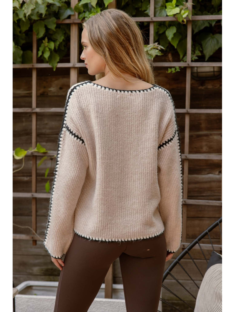 Blu Pepper Florence Contrast Stitch Sweater In Oatmeal