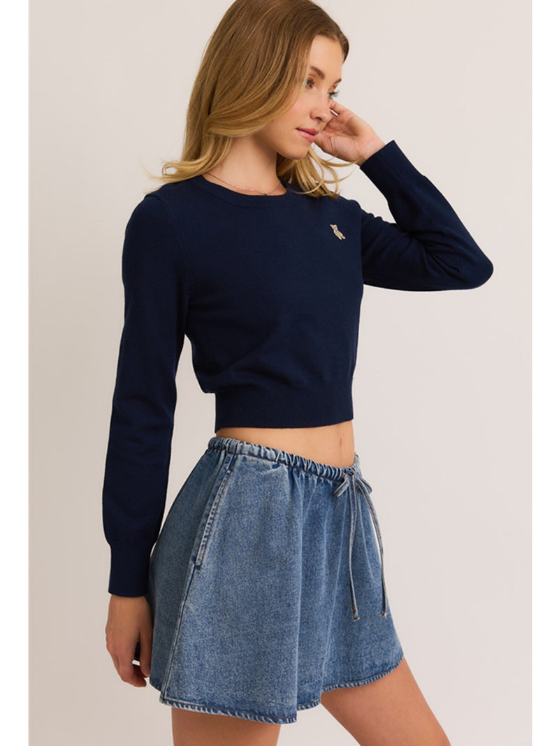 Le Lis Oscar Bear Long Sleeve Cropped Sweater In Navy