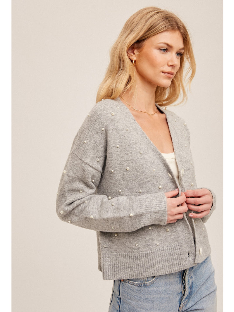 Hem&Thread Pearl Embellished Vneck Cardigan In Heather Grey