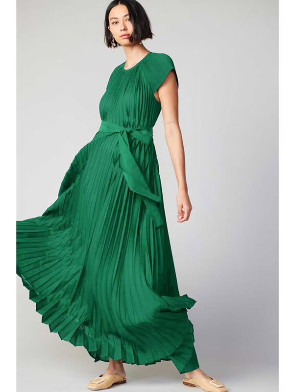 Current Air Everly Fluttered Maxi Pleated Dress In Green