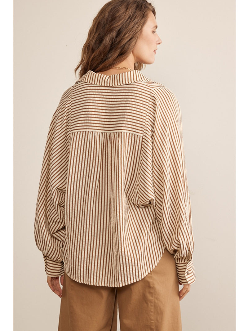 In February Leona Button Down Stripe Shirt In Brown