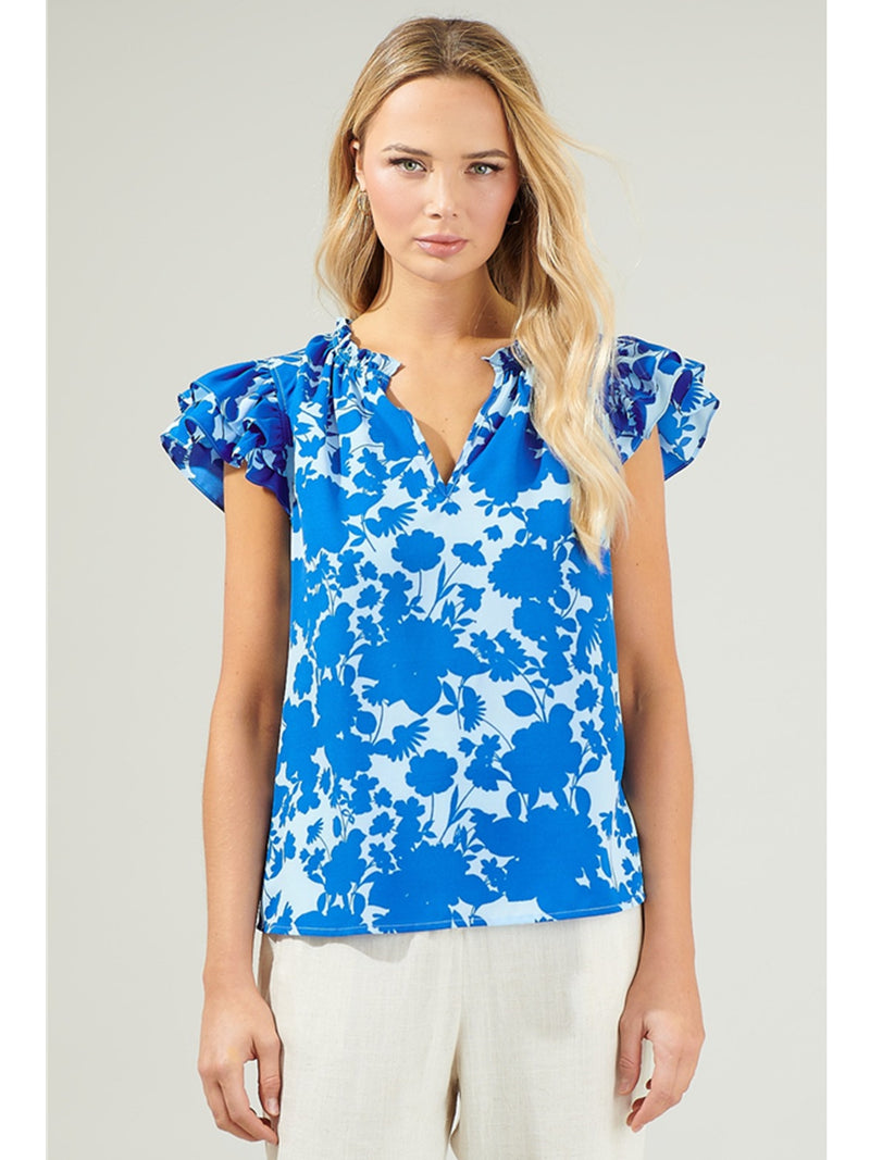 Sugarlips Marinelle Floral Ruffle Sleeve Top In Royal Blue