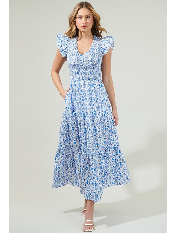 Sugarlips Mandy Floral Sunfire Smocked Bodice Tiered Midi Dress In Blue White