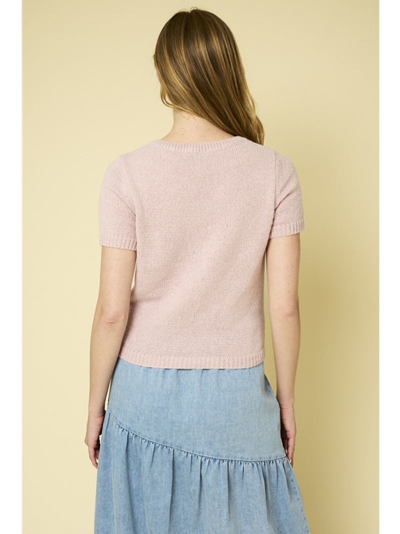 Gilli Romance Ribbon Short Sleeve Sweater In Blush