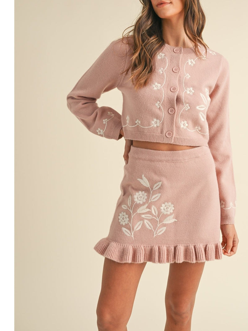 Mable Oslo Floral Embroidery Cardigan and Mini Skirt Set In Rose