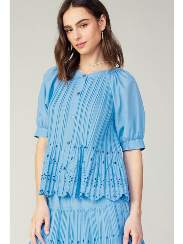 Current Air Kimberly Pleated Eyelet Top In Baby Blue
