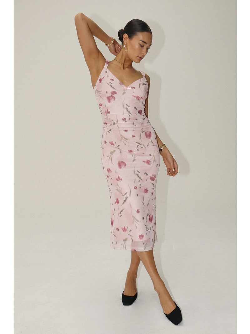 Bailey Rose Gaby Flower Mesh Midi Dress In Pink