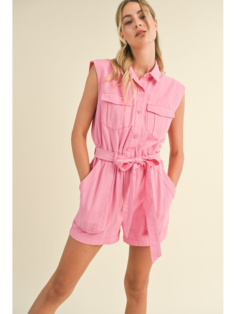 &Merci Verona Button Up Cargo Romper In Cool Pink