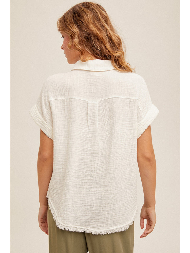 Hem&Thread Evana Fring Hem Collared Button Down Short Sleeve Shirt In White