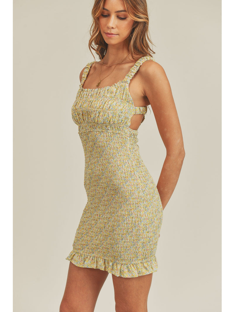 Mable Adrian Floral Bodycon Dress In Yellow