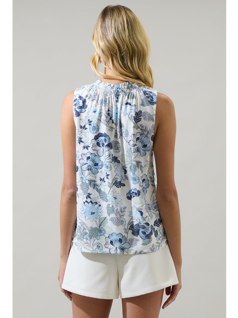 Sugarlips Wrenley Garden Floral Blouse In White Blue