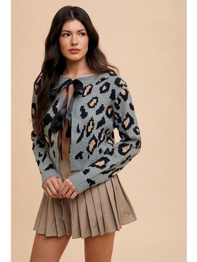 Anniewear Tie Front Leopard Sweater Cardigan In Blue Grey