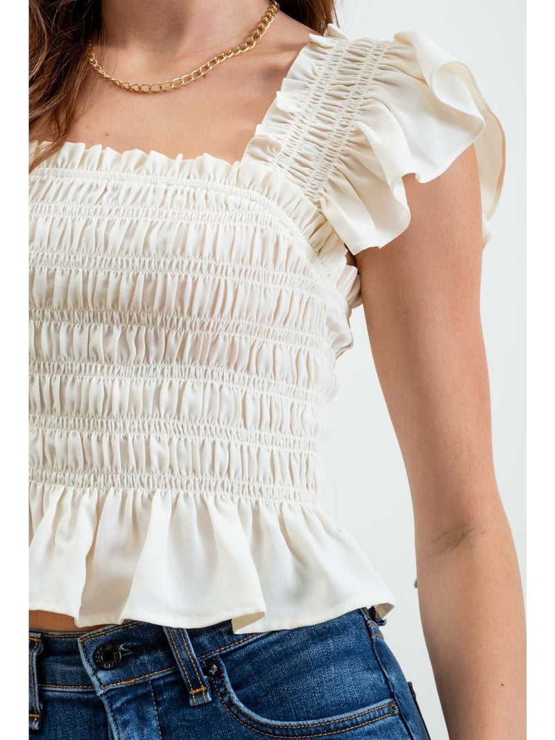 Mine Damian Smocked Square Neck Ruffle Crop Top In Ivory