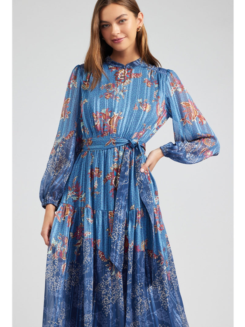 Current Air Mandarin Collar Dress In Blue Multi