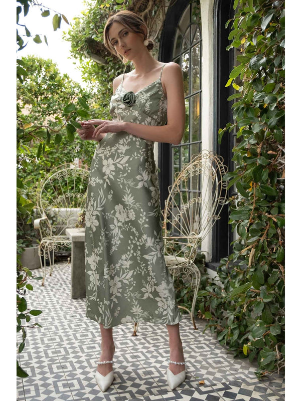 By The River Penelope Floral Print Midi Dress In Sage