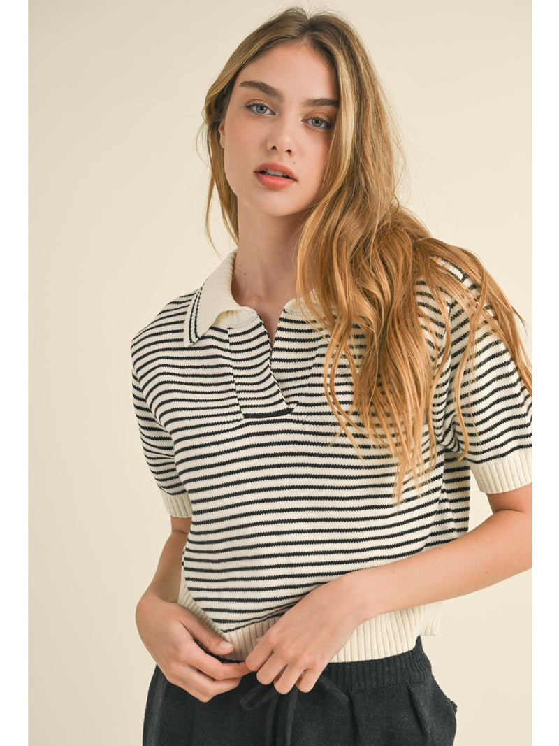 Miou Muse Valerie Stripe Knitted Top In White Black