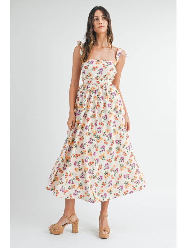Mable Baxter Floral Printed Square Neck Midi Dress In Cream