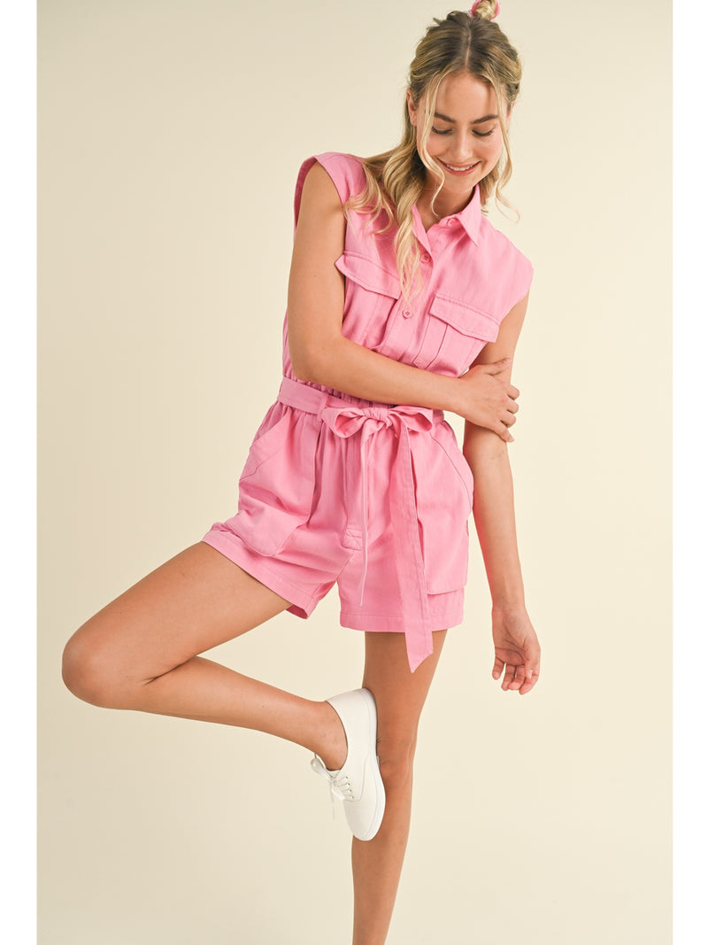 &Merci Verona Button Up Cargo Romper In Cool Pink