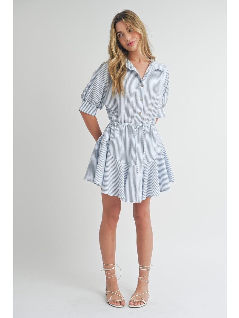 Miou Muse Luka Striped Pattern Buttondown Shirt Dress In Blue Stripe