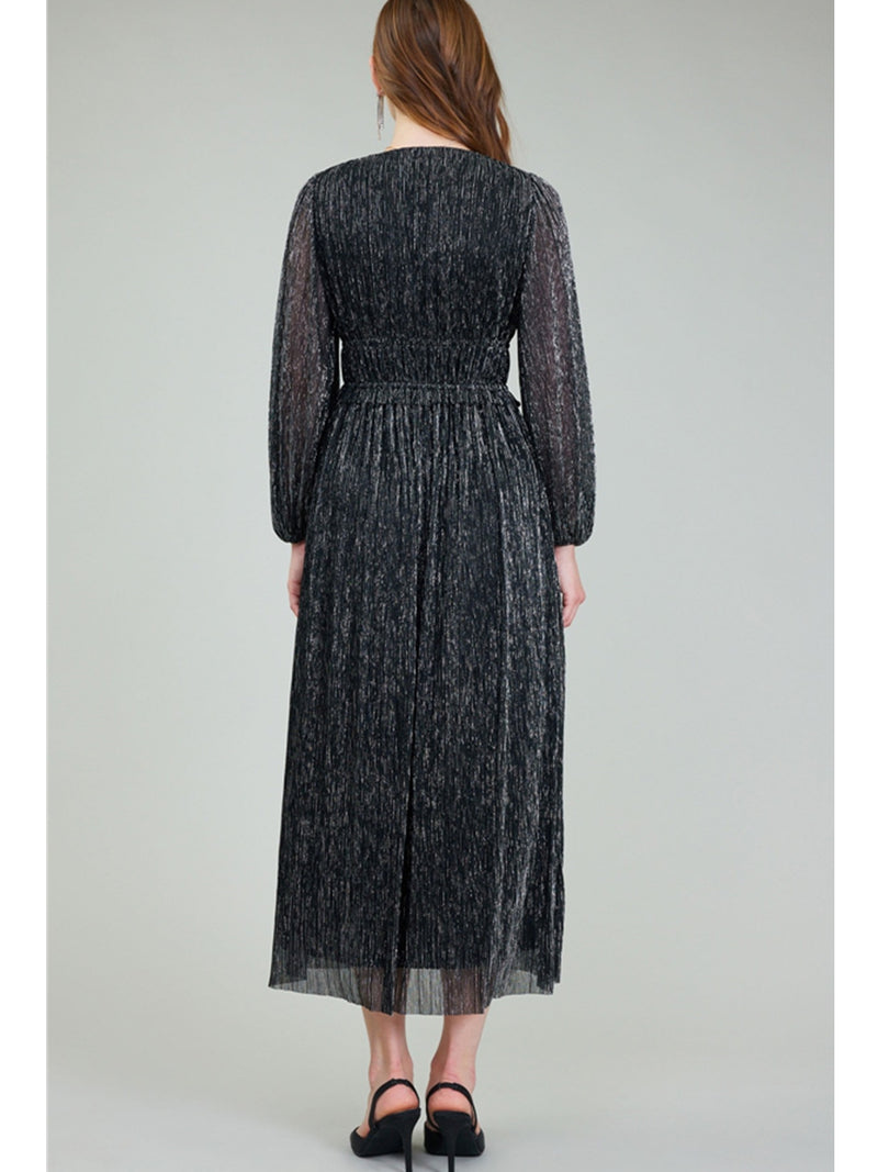 Current Air Petra Long Sleeve Pleated Dress In Black Silver