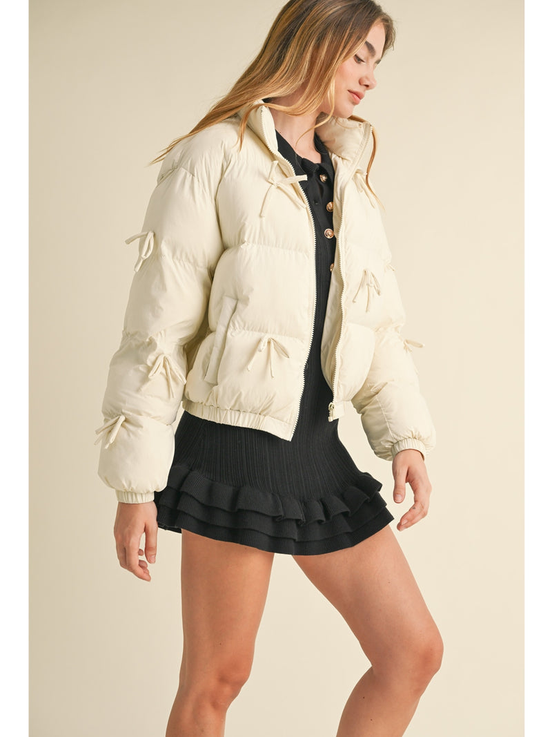 Mable Bianca Puffer Jacket With Ribbon Bow In Ecru