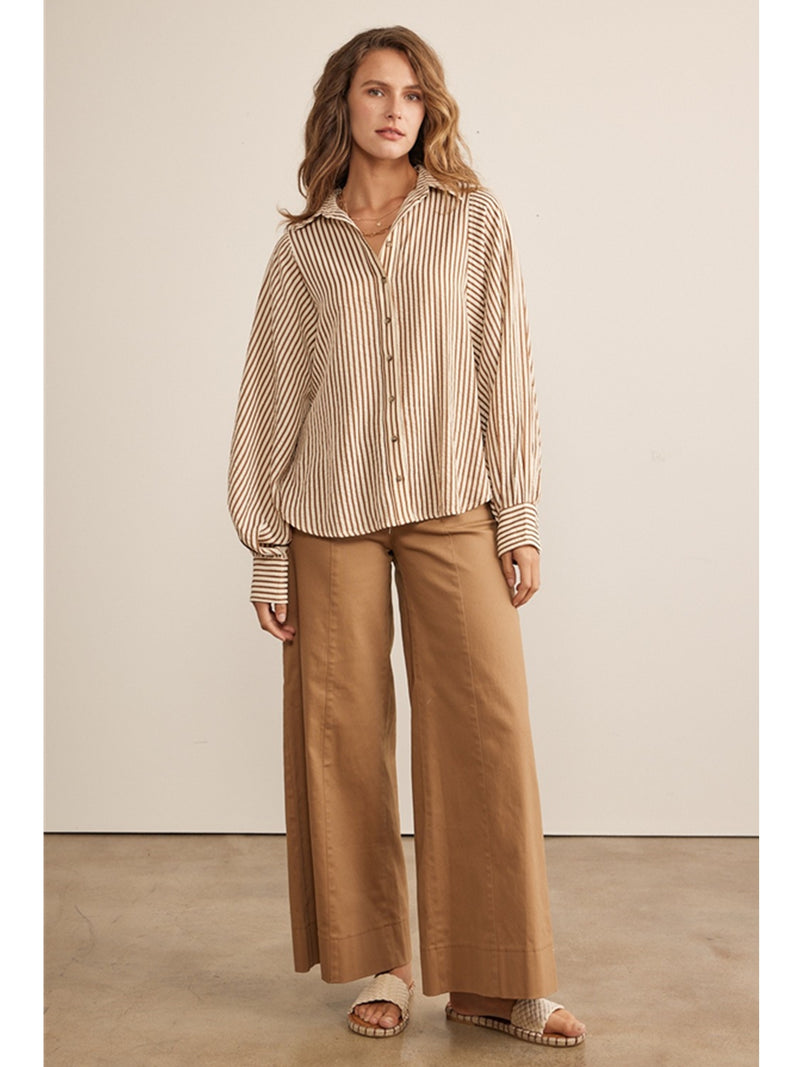 In February Leona Button Down Stripe Shirt In Brown