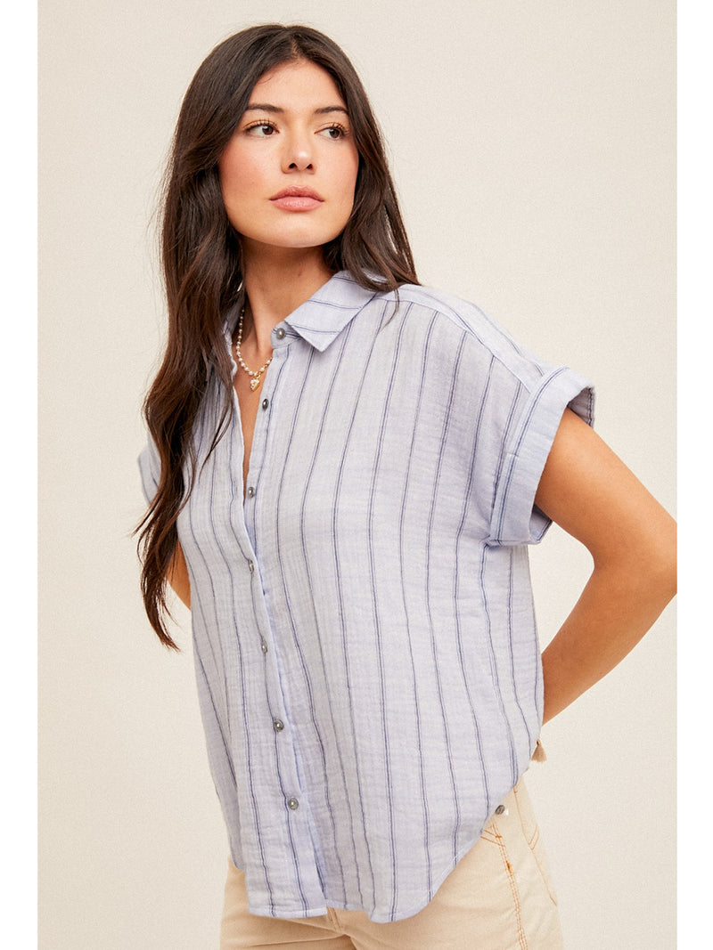Hem&Thread Tina Stripe Short Sleeve Button Down Shirt In Denim Blue
