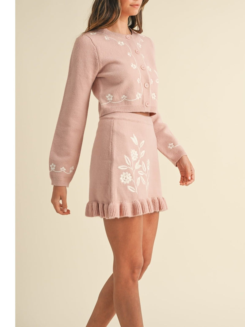 Mable Oslo Floral Embroidery Cardigan and Mini Skirt Set In Rose