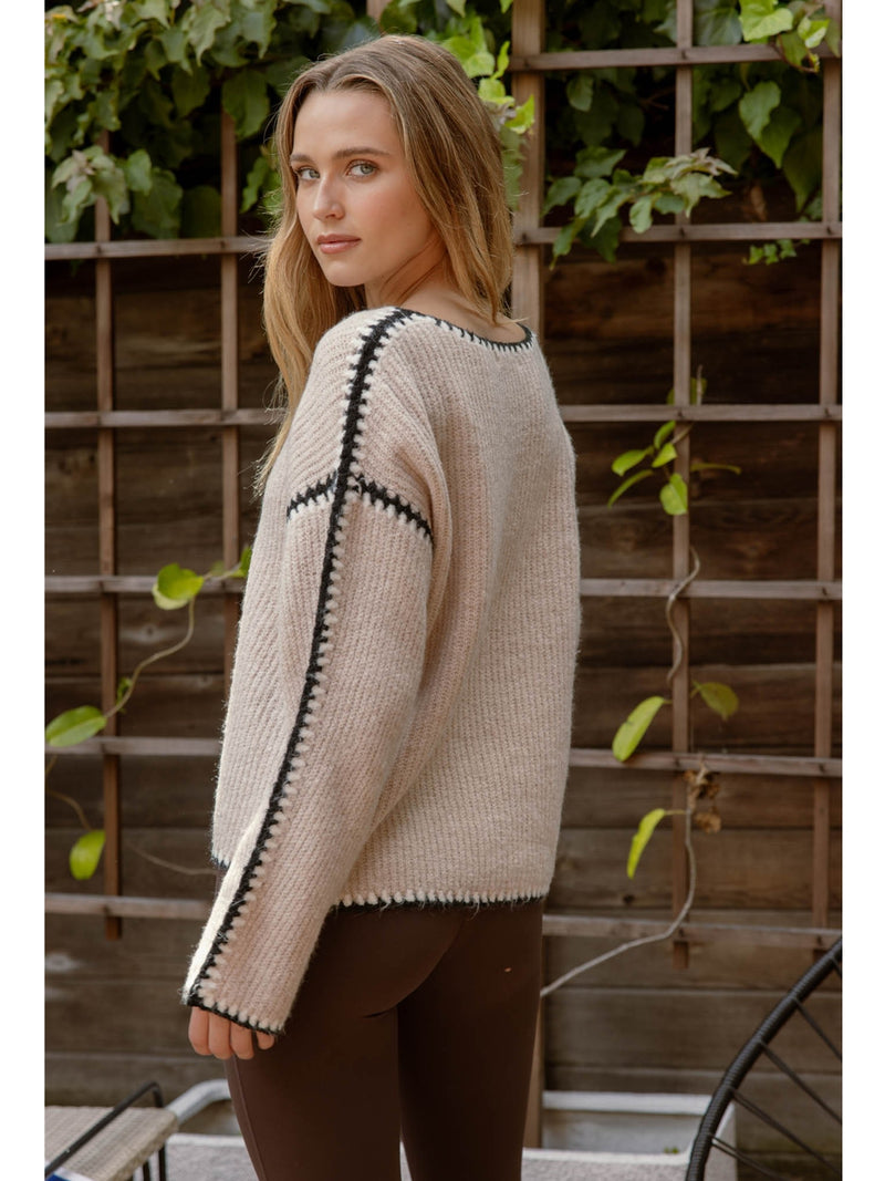 Blu Pepper Florence Contrast Stitch Sweater In Oatmeal