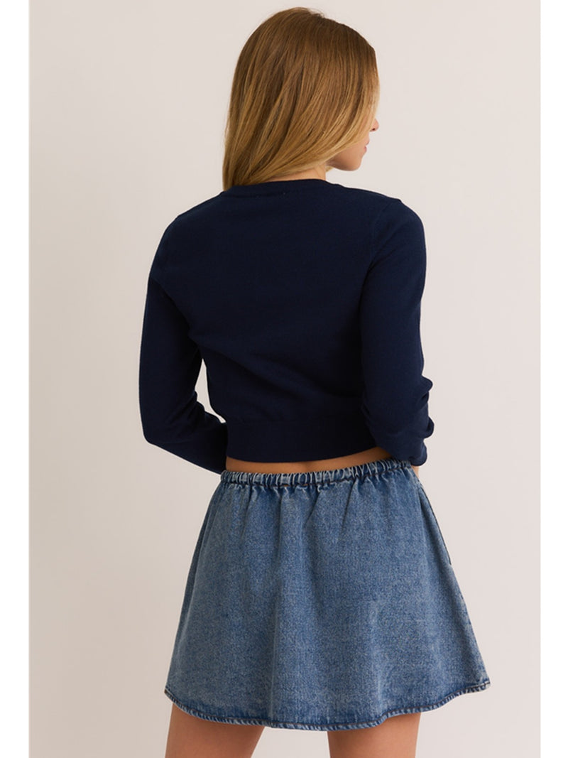 Le Lis Oscar Bear Long Sleeve Cropped Sweater In Navy