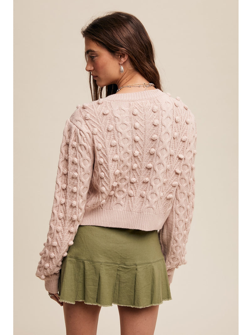 Listicle Jazzlyn Bow Tie Closure Cable Knit Cardigan In Blush