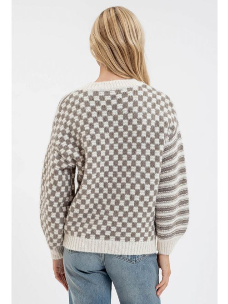 Blu Pepper Maggie Stripe Checkered Sweater In Olive