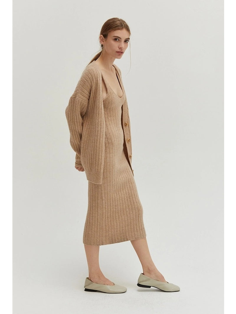 Crescent Yara Ribbed Sweater Dress Two Piece Set In Beige