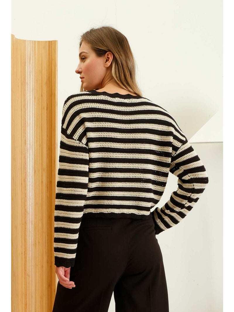 The Workshop Mckenna Scallop Trim Knit Pullover In Black