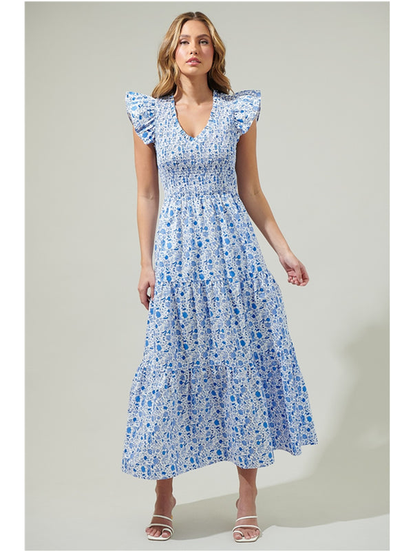Sugarlips Mandy Floral Sunfire Smocked Bodice Tiered Midi Dress In Blue White