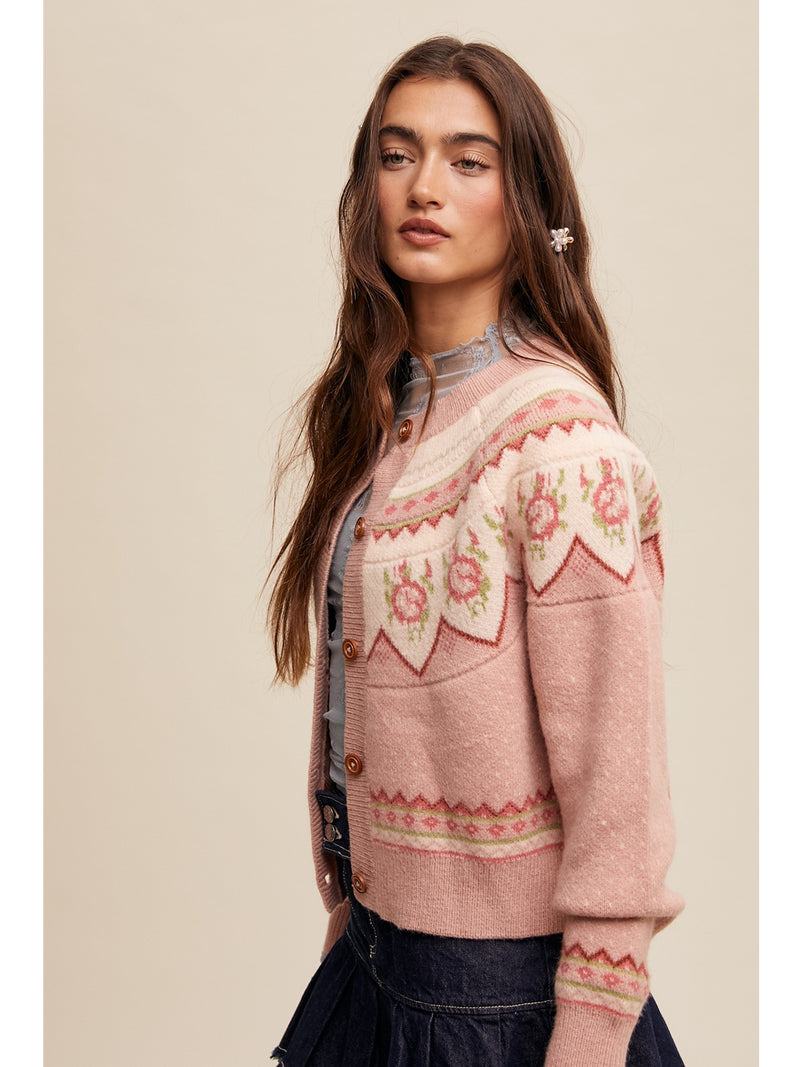 Listicle Annalee Vintage Flower Pattern Crew Neck Knit Cardigan In Dusty Pink