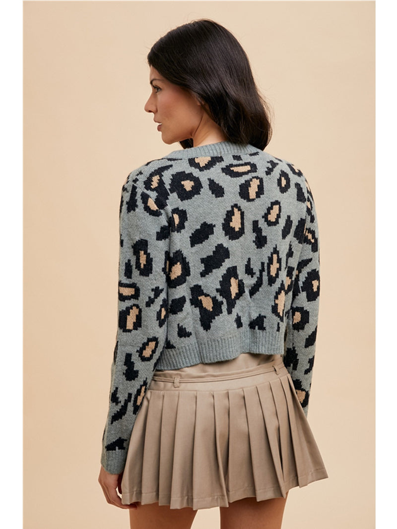 Anniewear Tie Front Leopard Sweater Cardigan In Blue Grey