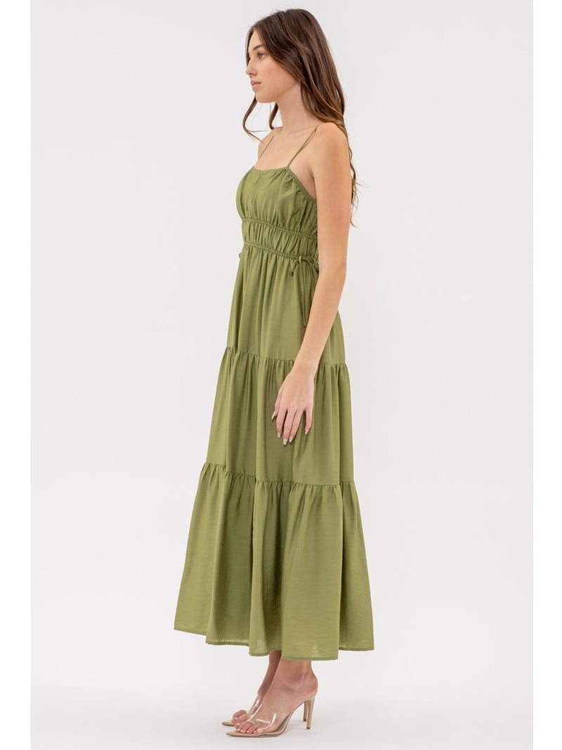 Blu Pepper Willow Waist Tie Shirred Tiered Midi Dress In Olive