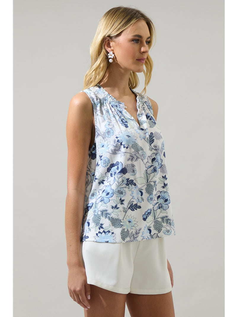 Sugarlips Wrenley Garden Floral Blouse In White Blue