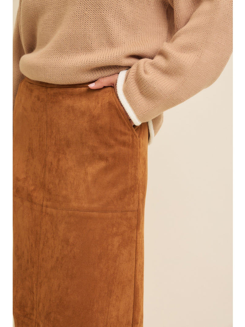 In February Bianca Suede Midi Skirt With Back Slit In Caramel