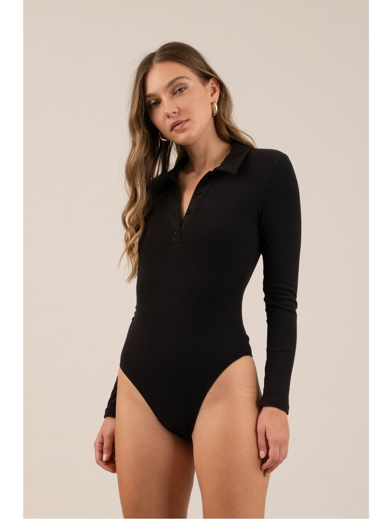 The Workshop Lindsay Collared Long Sleeve Bodysuit In Black