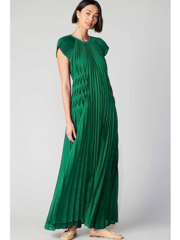 Current Air Everly Fluttered Maxi Pleated Dress In Green
