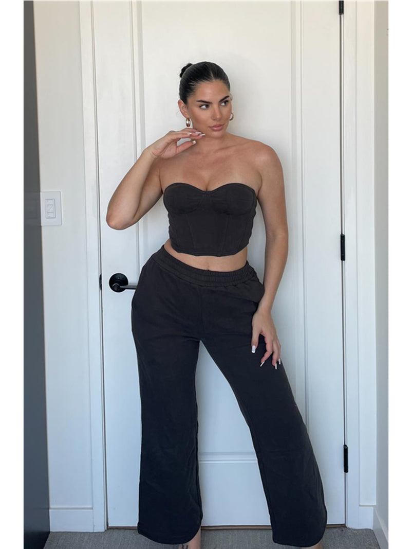 Salty Kinsley Knit Terry Corset Top With Wide Pant In Charcoal