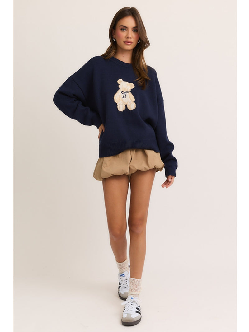 Le Lis Lizette Teddy Bear Sweater In Navy