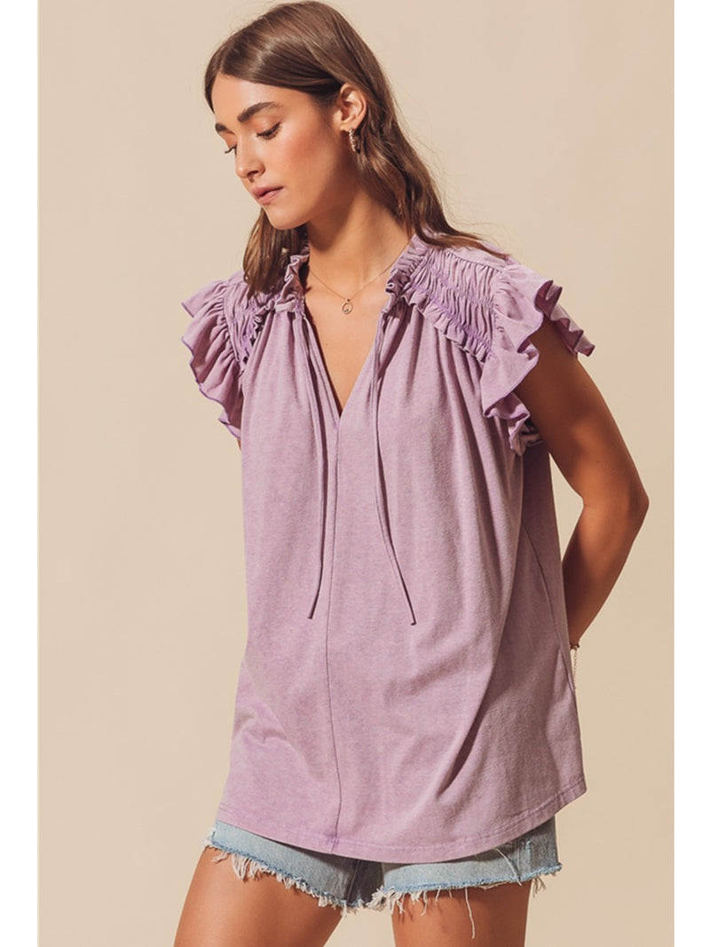 So Me Tiffany Butterfly Sleeve Frilled Neck Top In Vintage Lavender