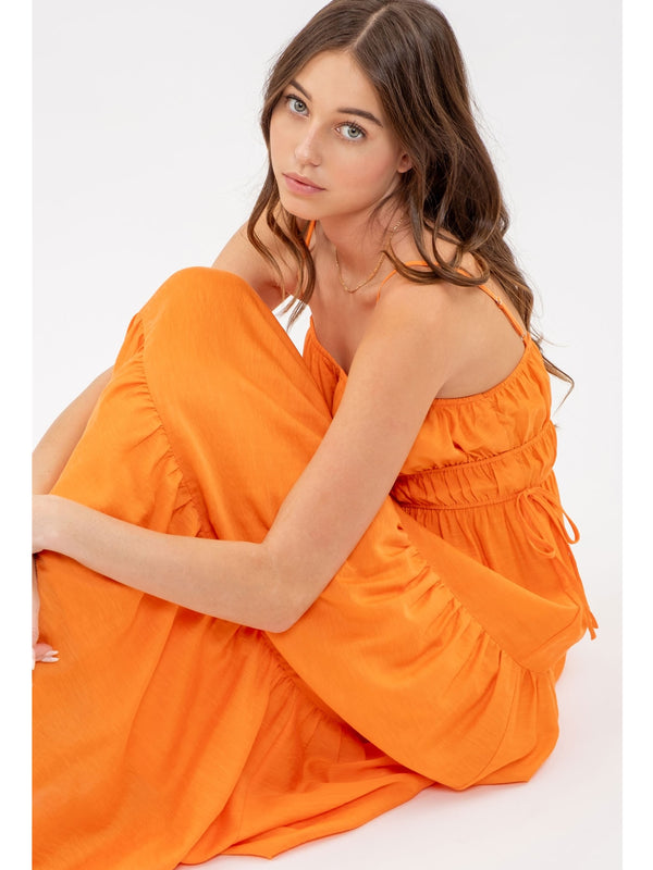 Blu Pepper Willow Waist Tie Shirred Tiered Midi Dress In Cantaloupe