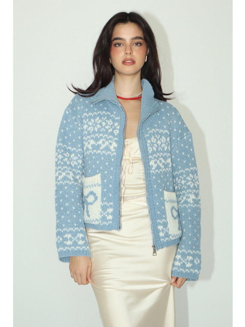 Bailey Rose Maya Zip Up Sweater In Dusty Blue