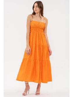 Blu Pepper Willow Waist Tie Shirred Tiered Midi Dress In Cantaloupe
