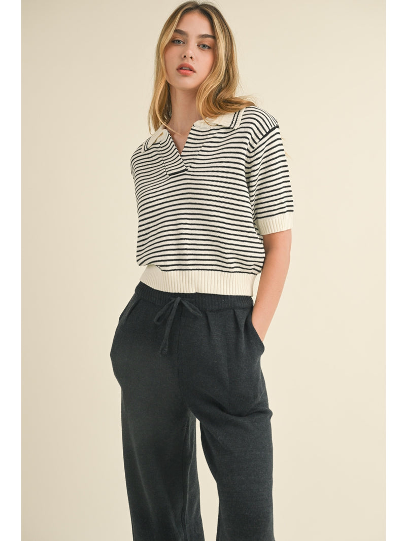 Miou Muse Valerie Stripe Knitted Top In White Black